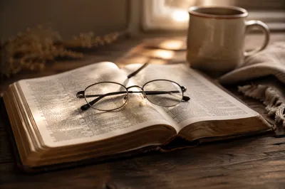 Open Bible with Reading Glasses in Warm Light