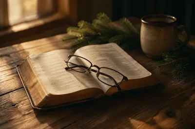 Open Bible with Glasses in Warm Light