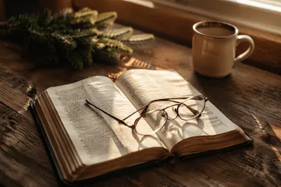 Open Bible with Glasses in Warm Light