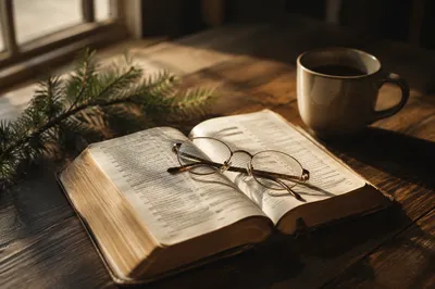 Open Bible with Glasses in Warm Light