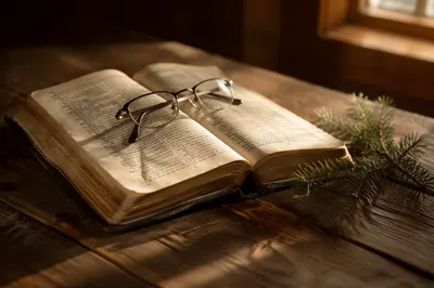 Open Bible with Glasses in Warm Light