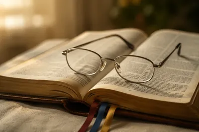 Open Bible with Reading Glasses in Warm Light