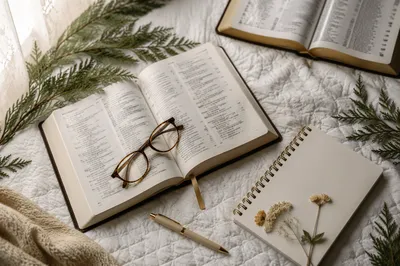 Open Bible with Reading Glasses and Evergreens