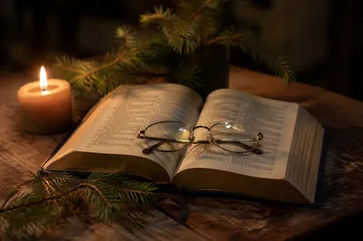 Open Bible with Glasses in Warm Lamplight