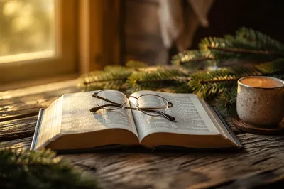 Open Bible with Reading Glasses in Warm Light
