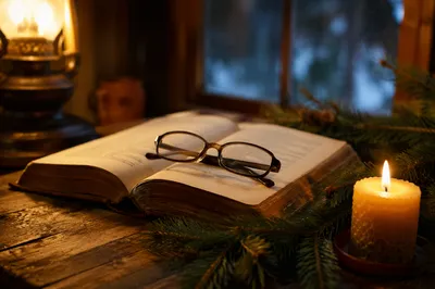Open Bible with Reading Glasses in Warm Light