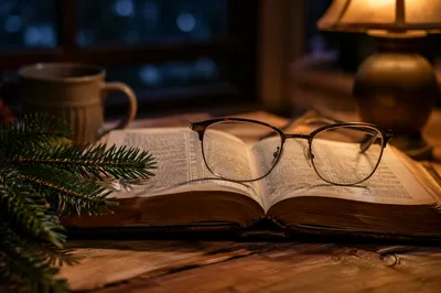 Open Bible with Reading Glasses in Warm Light