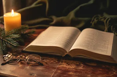 Open Bible and Reading Glasses in Warm Light