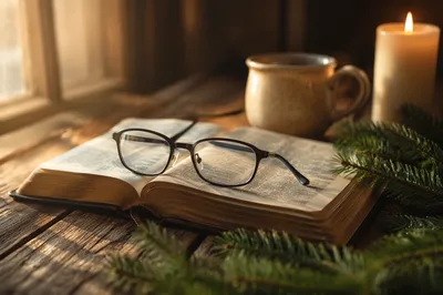 Open Bible with Glasses in Warm Morning Light