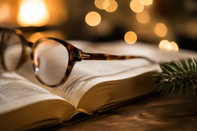Open Bible with Glasses in Warm Light