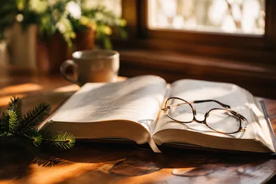 Open Bible with Glasses in Morning Light