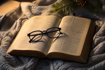 Open Bible with Glasses in Warm Light