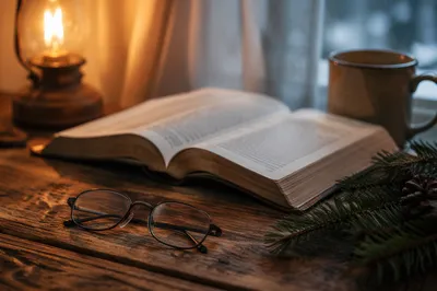Bible and Reading Glasses in Warm Morning Light