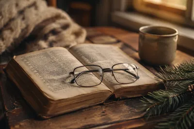 Open Bible with Glasses in Warm Light