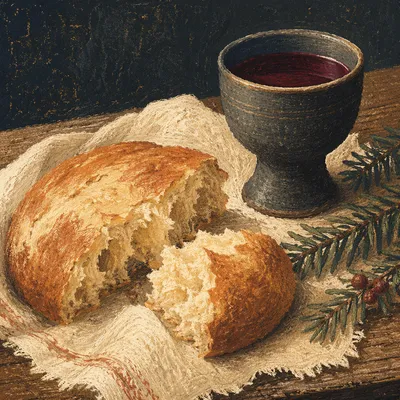 Rustic Communion Bread and Wine Still Life