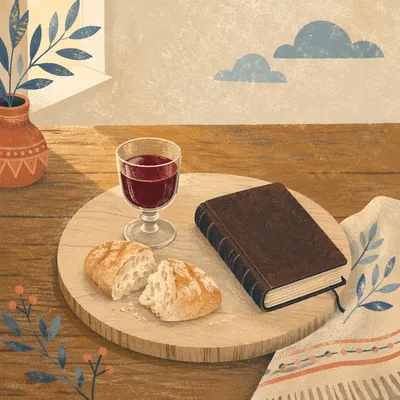 Communion Bread and Wine on Walnut Table