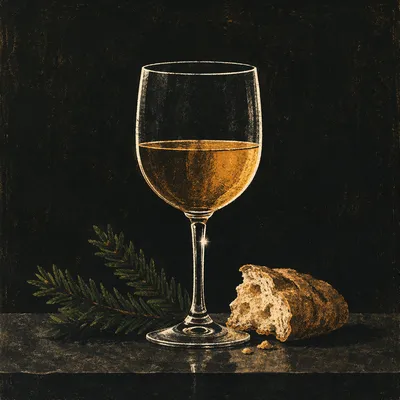 Evergreen Communion Bread and Wine Still Life