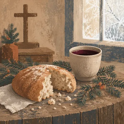 Rustic Communion Bread and Wine with Evergreen