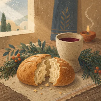 Rustic Evergreen Communion Bread and Wine