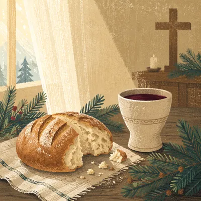 Evergreen Communion Bread and Wine Still Life