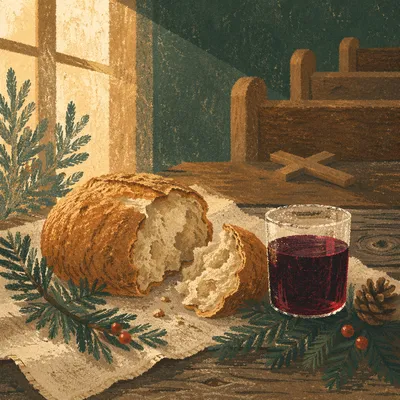 Evergreen Communion Bread and Wine Still Life