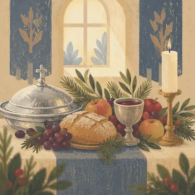 Evergreen Communion Still Life with Bread and Wine