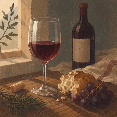 Rustic Communion Bread Wine and Evergreen