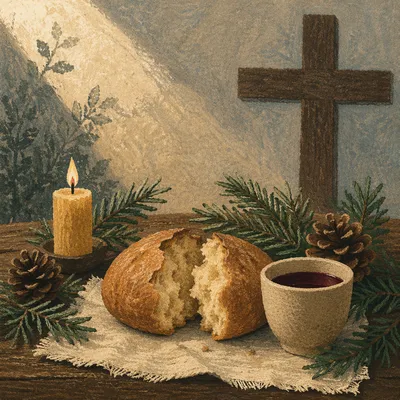 Evergreen Communion Bread and Wine Still Life