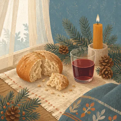 Evergreen Communion Bread and Wine Still Life