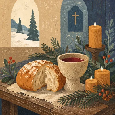 Evergreen Communion Bread and Wine Still Life