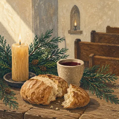 Rustic Communion Bread and Wine with Evergreen