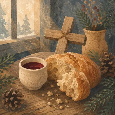 Evergreen Communion Bread and Wine Still Life