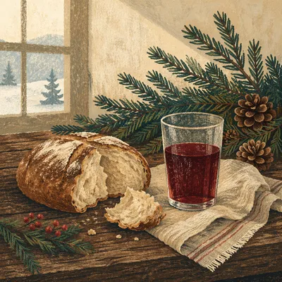 Evergreen Communion Bread and Wine Still Life