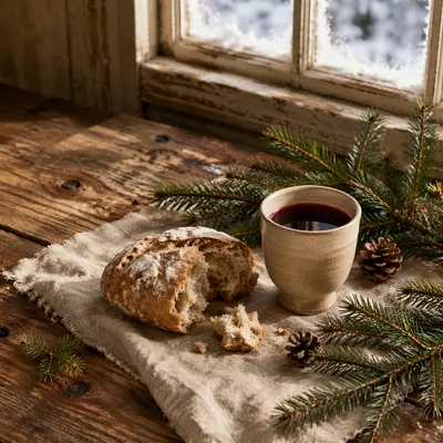 Evergreen Communion Bread and Wine Still Life