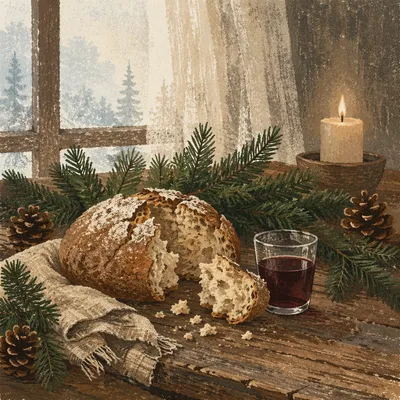 Rustic Communion Bread and Wine Still Life