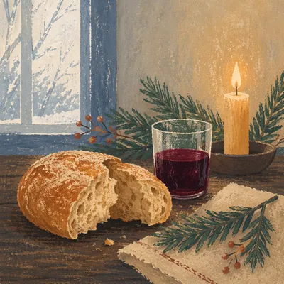 Rustic Bread and Wine Communion with Evergreens