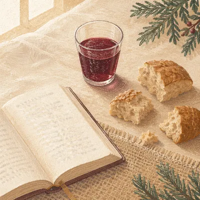 Evergreen Communion Bread and Wine Still Life