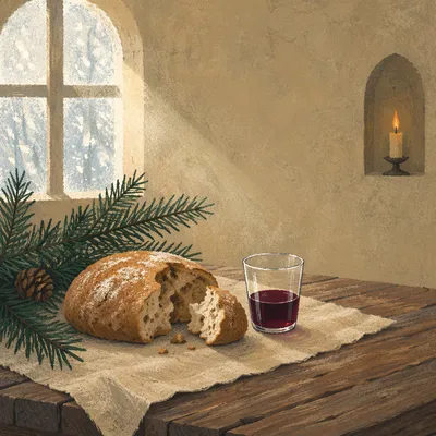 Evergreen Communion Bread and Wine Still Life
