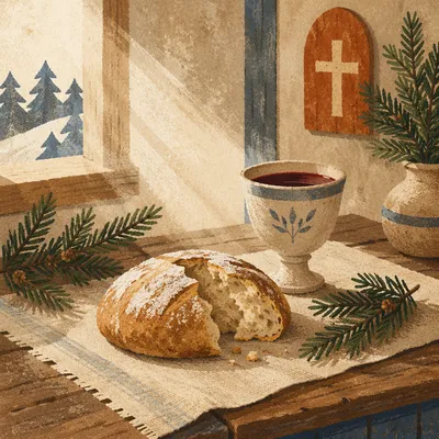 Evergreen Communion Bread and Wine Still Life