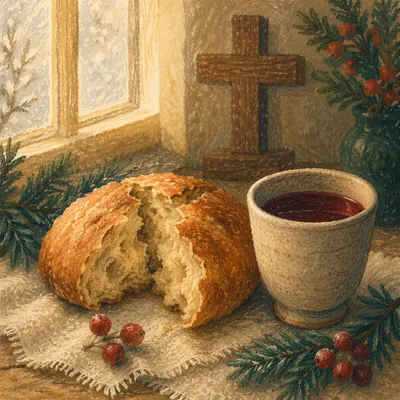 Evergreen Communion Bread and Wine Still Life