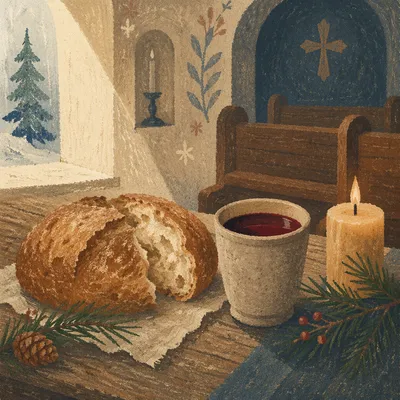 Rustic Communion Bread Wine and Evergreen