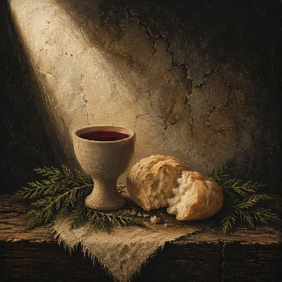 Rustic Communion Bread and Wine with Evergreens