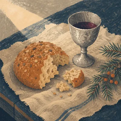 Evergreen Communion Bread and Wine Still Life