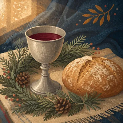 Evergreen Communion Bread and Wine Still Life