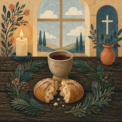 Evergreen Communion Bread and Wine Still Life