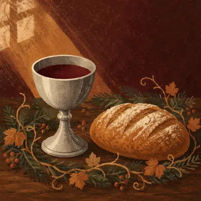 Evergreen Communion Bread and Wine Still Life