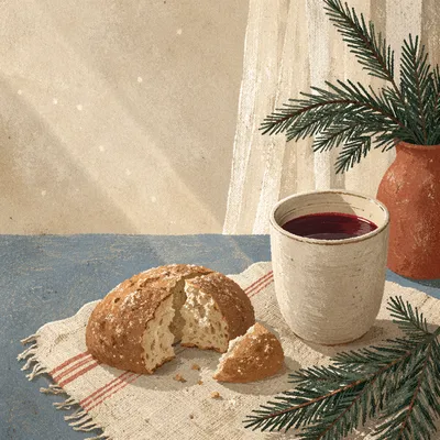 Evergreen Communion Bread and Wine Still Life