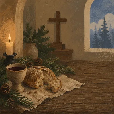 Evergreen Communion Bread and Wine Still Life