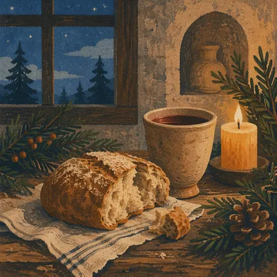 Rustic Communion Bread and Wine with Evergreen
