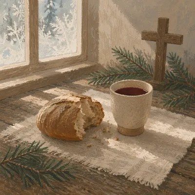 Evergreen Communion Bread and Wine Still Life